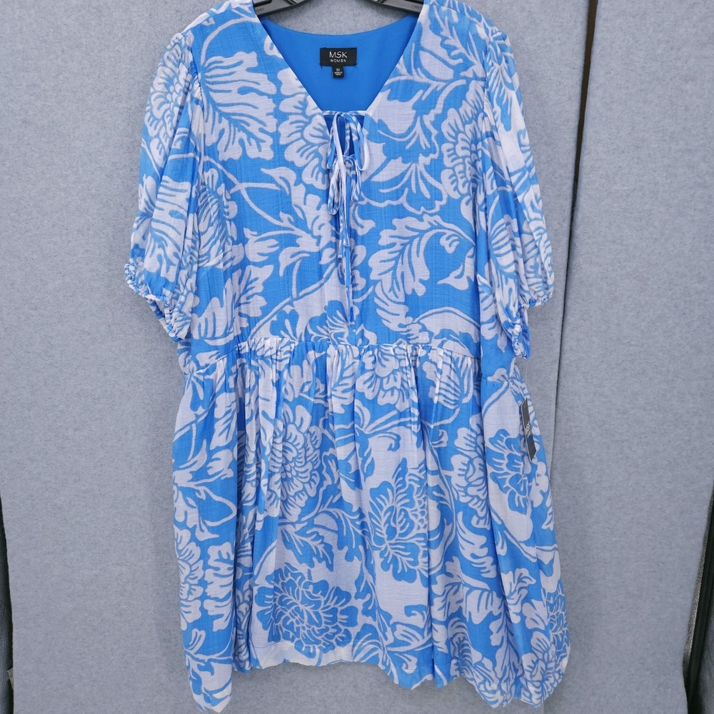 MSK Keyhole Tie Neck Smocked Puff Sleeve Blue Floral Dress Womens Size 3X NWT